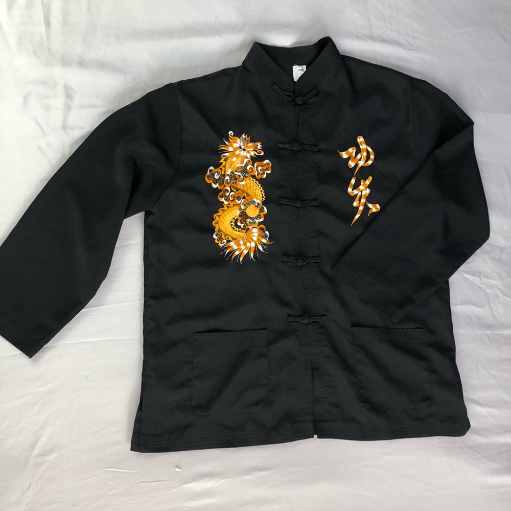 Chinese‎ Smoking Jacket Black with Golden Dragon Men’s Size Medium Black Karate